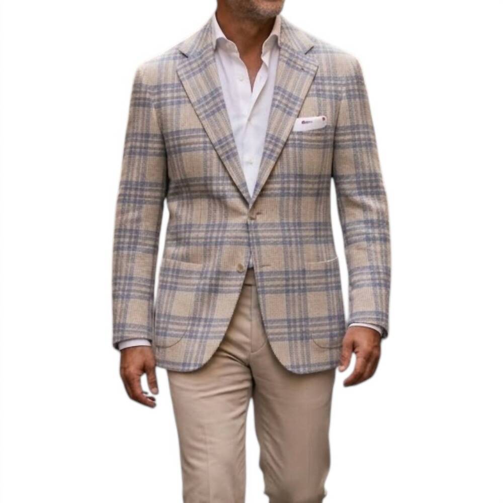 NEW KITON plaid sport blazer in tan/cream